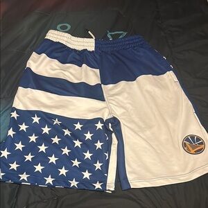 Golden State Warrior Blue and White Basketball Shorts with Patriotic Design